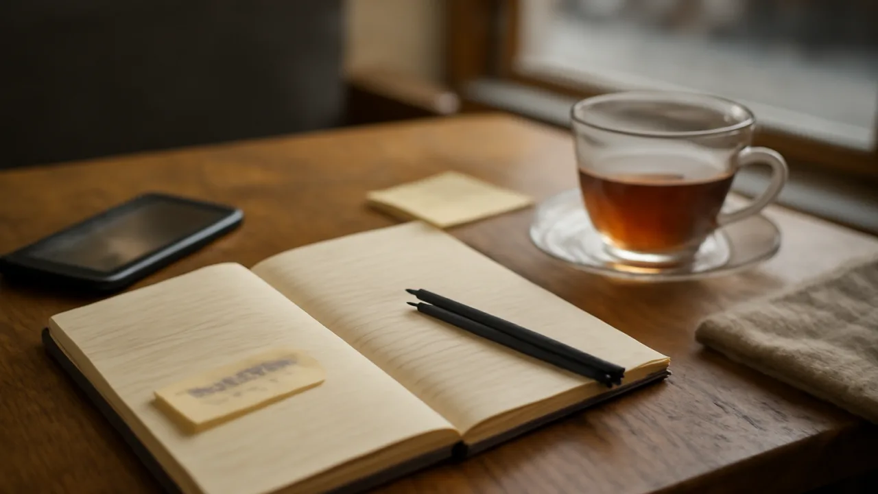 Ahşap bir masa üzerinde açık bir defter ve kalem, kenarda buğu yapan çay fincanı ve telefondan gelen bulanık bildirimler; kağıt üzerinde silinip daha net bir taslak bırakıldığı hissi veren samimi, doğal bir sokak-kafe anı.